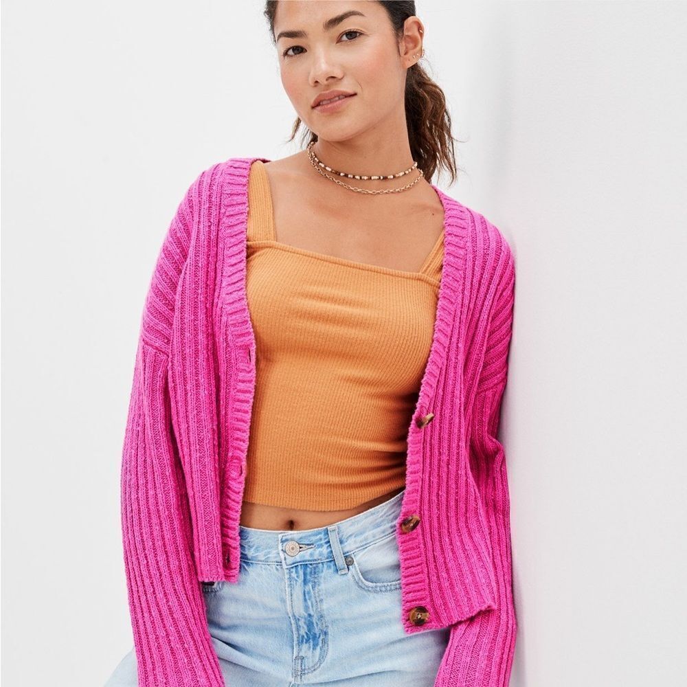AEО XL Fuchsia Pink Knit Button Front Slouchy Ribbed Pattern Cardigan Sweater